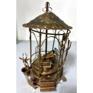 Vtg Copper Music Box Carousel With Ornate Detailing And Rotating Base